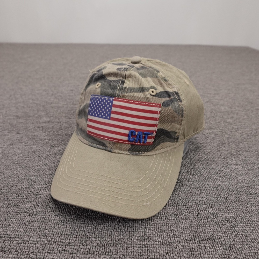 CAT Hat Cap Strap Back Mens One Size Beige Camo USA Flag Patriotic Baseball